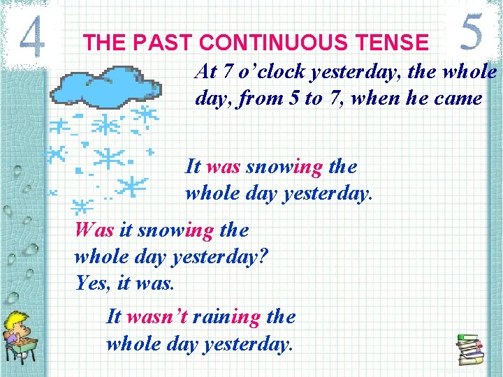 THE PAST CONTINUOUS TENSE At 7 o’clock yesterday, the whole day, from 5 to