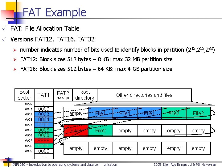 FAT Example ü FAT: File Allocation Table ü Versions FAT 12, FAT 16, FAT