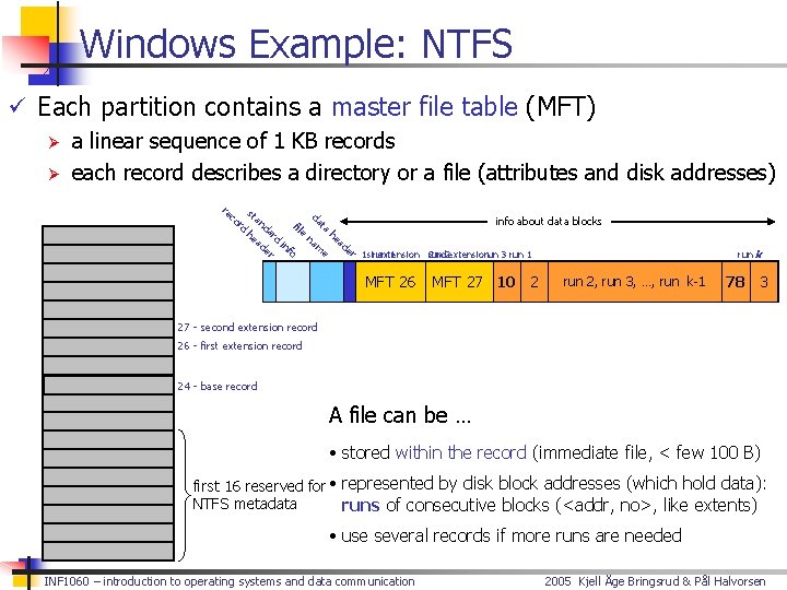 Windows Example: NTFS ü Each partition contains a master file table (MFT) Ø a