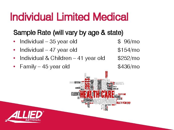 Individual Limited Medical Sample Rate (will vary by age & state) • • Individual