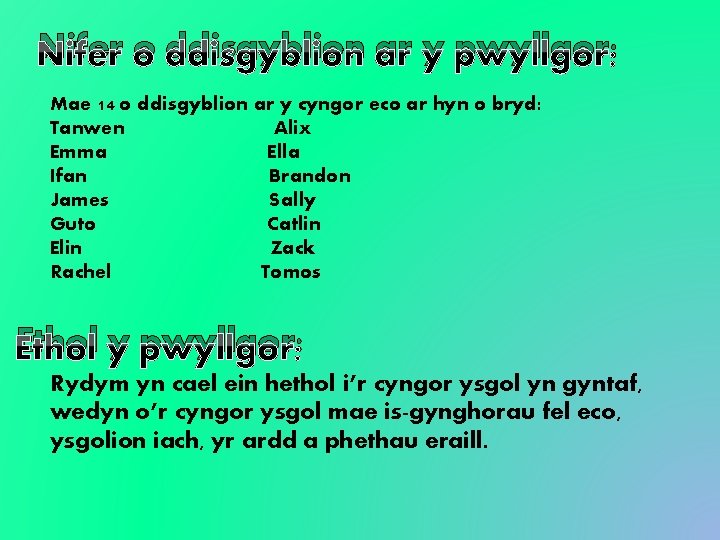 Nifer o ddisgyblion ar y pwyllgor: Mae 14 o ddisgyblion ar y cyngor eco