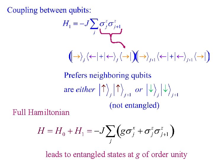 Full Hamiltonian leads to entangled states at g of order unity 