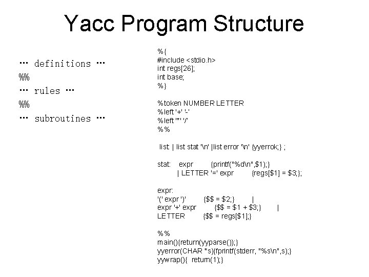 Yacc Program Structure … definitions … %% … rules … %% … subroutines …
