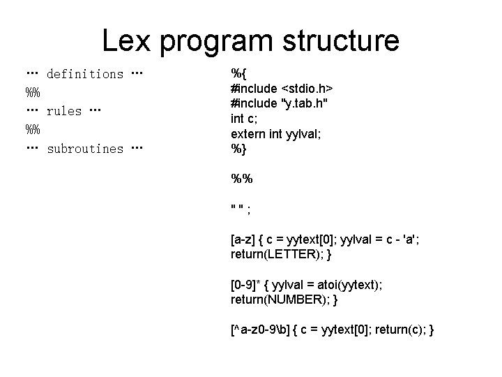 Lex program structure … definitions … %% … rules … %% … subroutines …