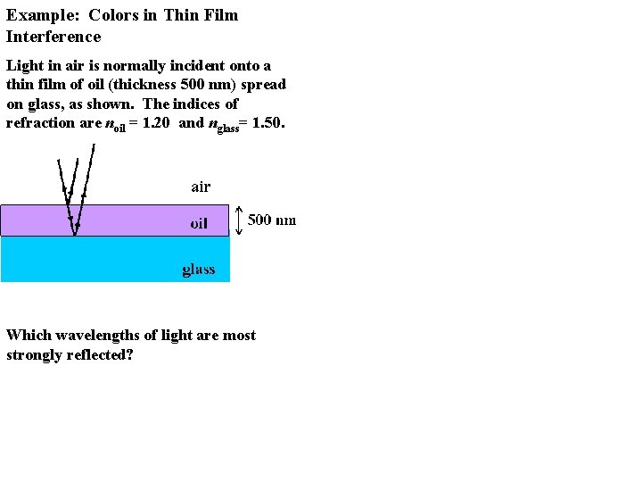 Example: Colors in Thin Film Interference Light in air is normally incident onto a