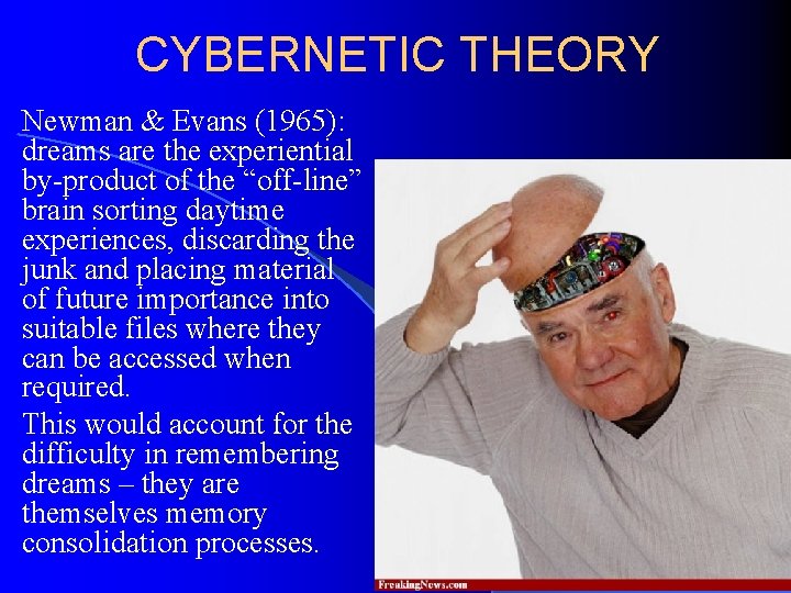 CYBERNETIC THEORY Newman & Evans (1965): dreams are the experiential by-product of the “off-line”