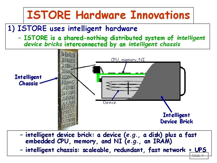 ISTORE Hardware Innovations 1) ISTORE uses intelligent hardware – ISTORE is a shared-nothing distributed