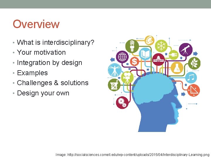 Overview • What is interdisciplinary? • Your motivation • Integration by design • Examples