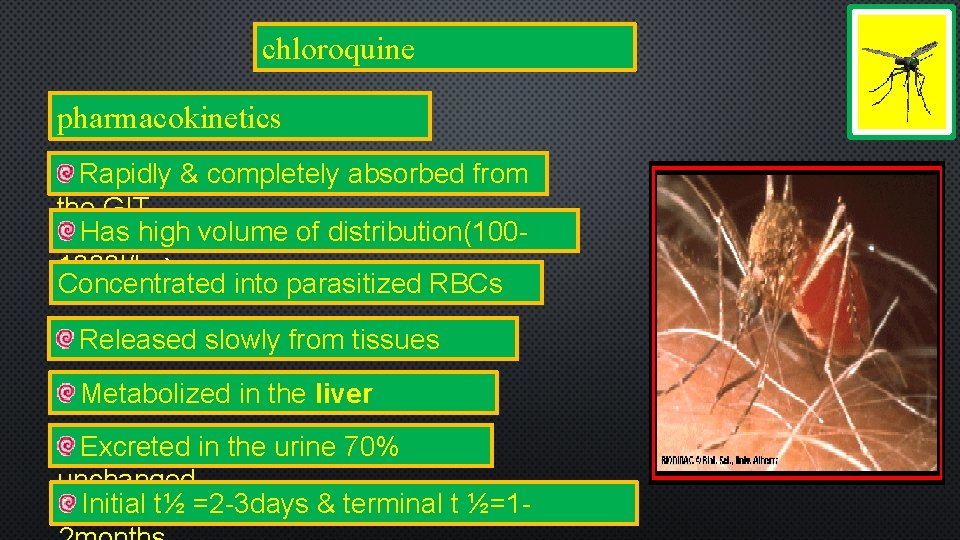 chloroquine pharmacokinetics Rapidly & completely absorbed from the GIT Has high volume of distribution(1001000