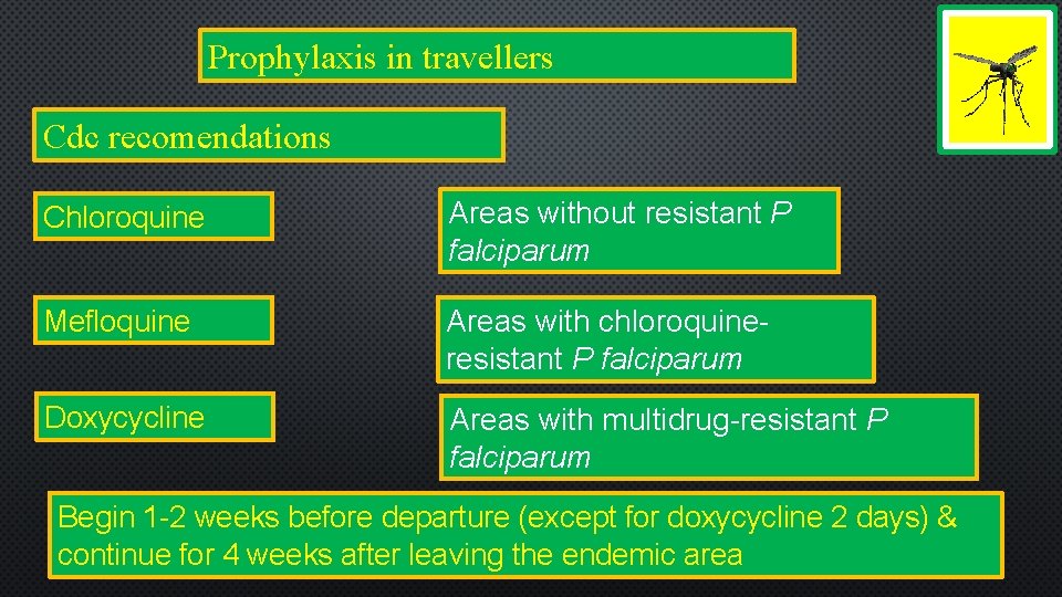 Prophylaxis in travellers Cdc recomendations Chloroquine Areas without resistant P falciparum Mefloquine Areas with