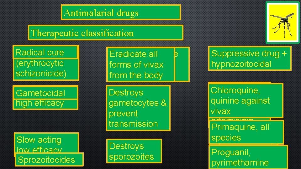 Antimalarial drugs Therapeutic classification Radical Clinical cure (erythrocytic schizonicide) Used to terminate Eradicate all