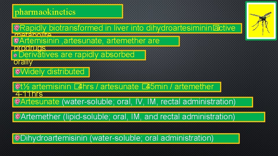 pharmaokinetics Rapidly biotransformed in liver into dihydroartesiminin� active metabolite Artemisinin , artesunate, artemether are