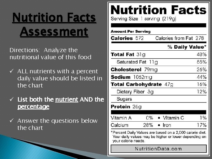 Nutrition Facts Assessment Directions: Analyze the nutritional value of this food ü ALL nutrients