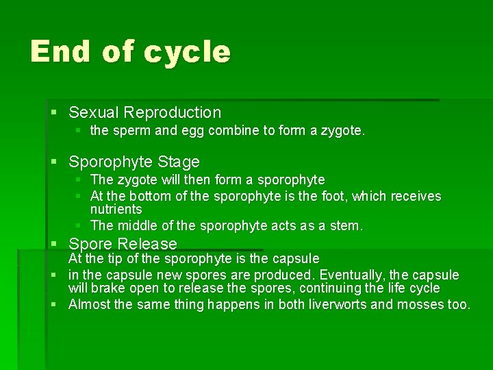 End of cycle § Sexual Reproduction § the sperm and egg combine to form