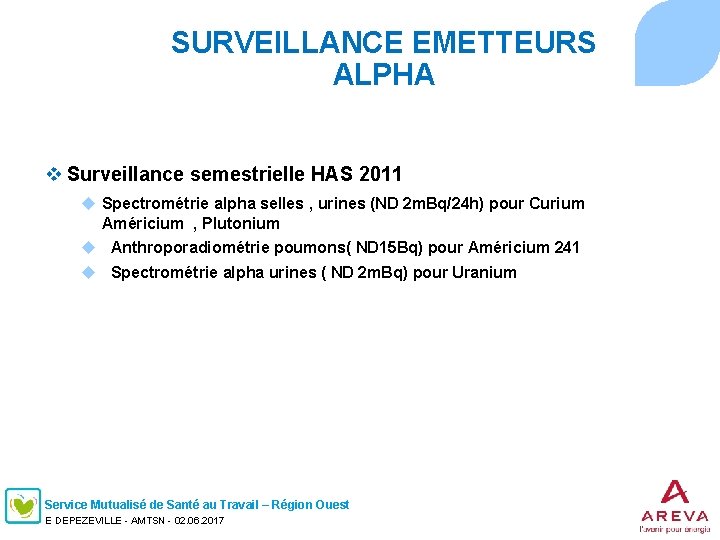 SURVEILLANCE EMETTEURS ALPHA v Surveillance semestrielle HAS 2011 u Spectrométrie alpha selles , urines