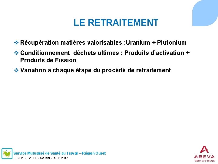 LE RETRAITEMENT v Récupération matières valorisables : Uranium + Plutonium v Conditionnement déchets ultimes