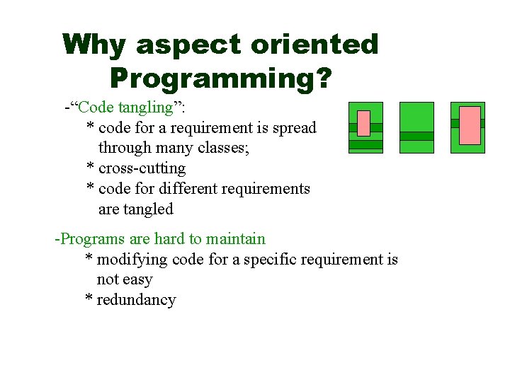 Why aspect oriented Programming? -“Code tangling”: * code for a requirement is spread through