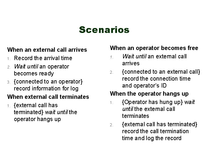 Scenarios When an external call arrives 1. Record the arrival time 2. Wait until