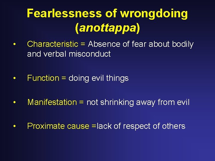 Fearlessness of wrongdoing (anottappa) • Characteristic = Absence of fear about bodily and verbal