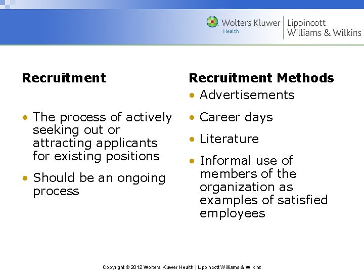 Recruitment Methods • Advertisements • The process of actively seeking out or attracting applicants Recruitment Methods • Advertisements • The process of actively seeking out or attracting applicants