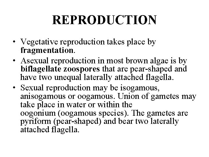 REPRODUCTION • Vegetative reproduction takes place by fragmentation. • Asexual reproduction in most brown