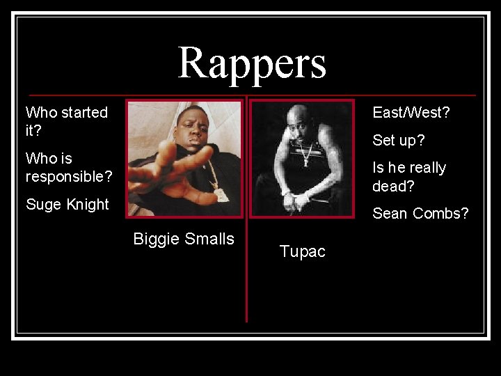 Rappers Who started it? East/West? Set up? Who is responsible? Is he really dead? Rappers Who started it? East/West? Set up? Who is responsible? Is he really dead?
