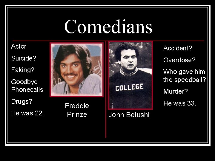 Comedians Actor Accident? Suicide? Overdose? Faking? Who gave him the speedball? Goodbye Phonecalls Drugs?