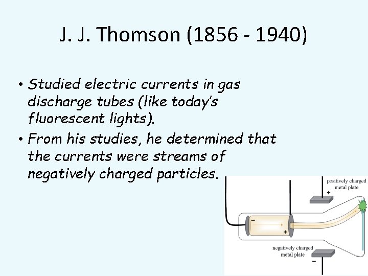 J. J. Thomson (1856 - 1940) • Studied electric currents in gas discharge tubes