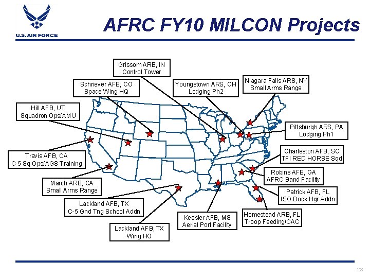 AFRC FY 10 MILCON Projects Grissom ARB, IN Control Tower Schriever AFB, CO Space