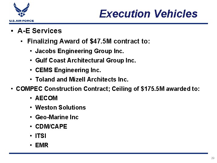 Execution Vehicles • A-E Services • Finalizing Award of $47. 5 M contract to: Execution Vehicles • A-E Services • Finalizing Award of $47. 5 M contract to: