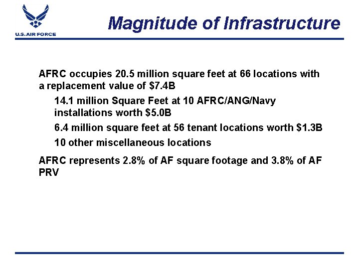 Magnitude of Infrastructure n AFRC occupies 20. 5 million square feet at 66 locations