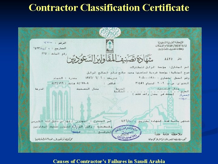 Contractor Classification Certificate Causes of Contractor’s Failures in Saudi Arabia 