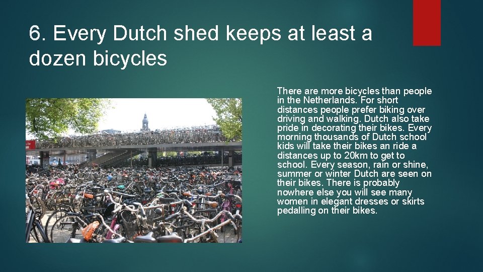 6. Every Dutch shed keeps at least a dozen bicycles There are more bicycles