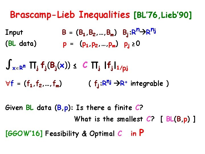 Brascamp-Lieb Inequalities [BL’ 76, Lieb’ 90] Input B = (B 1, B 2, …,