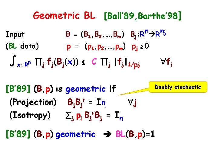 Geometric BL [Ball’ 89, Barthe’ 98] Input B = (B 1, B 2, …,