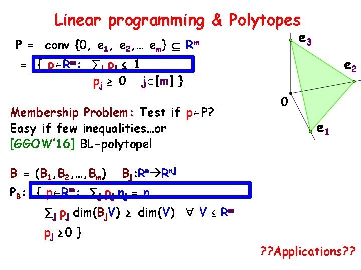 Linear programming & Polytopes e 3 P = conv {0, e 1, e 2, Linear programming & Polytopes e 3 P = conv {0, e 1, e 2,