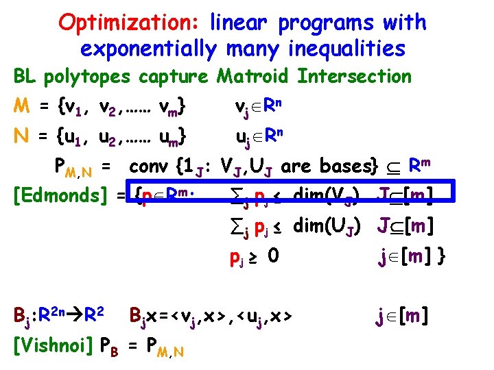 Optimization: linear programs with exponentially many inequalities BL polytopes capture Matroid Intersection M = Optimization: linear programs with exponentially many inequalities BL polytopes capture Matroid Intersection M =