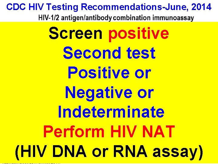 CDC HIV Testing Recommendations-June, 2014 Screen positive Second test Positive or Negative or Indeterminate