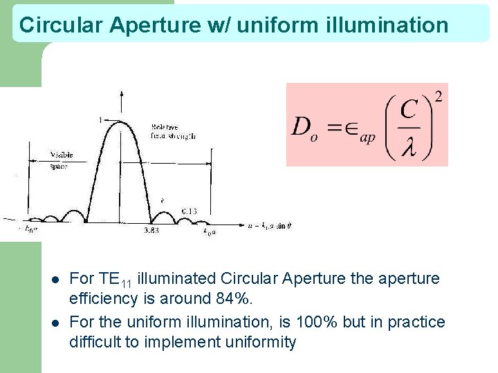 Circular Aperture w/ uniform illumination l l For TE 11 illuminated Circular Aperture the