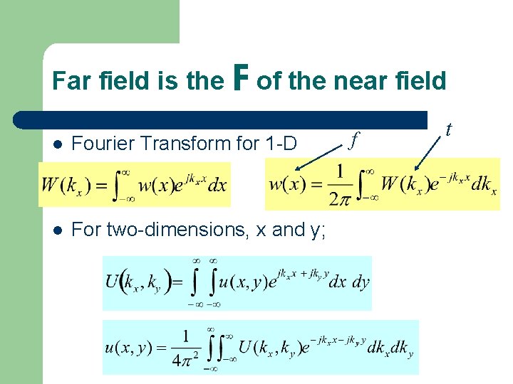 Far field is the F of the near field l Fourier Transform for 1