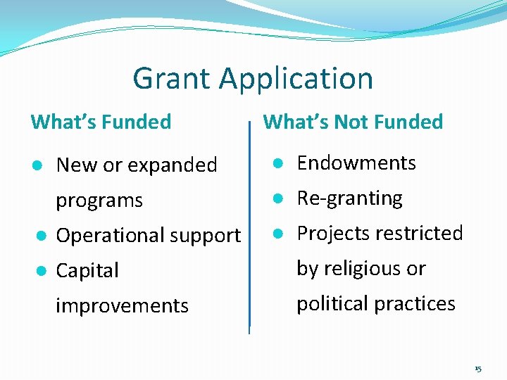 Grant Application What’s Funded ● New or expanded programs ● Operational support ● Capital