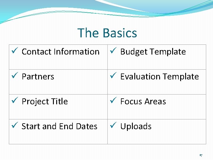 The Basics ü Contact Information ü Budget Template ü Partners ü Evaluation Template ü