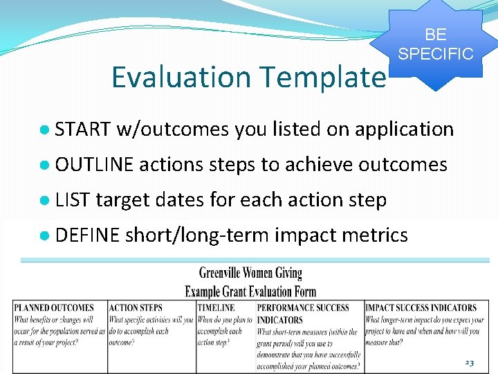 Evaluation Template BE SPECIFIC ● START w/outcomes you listed on application ● OUTLINE actions