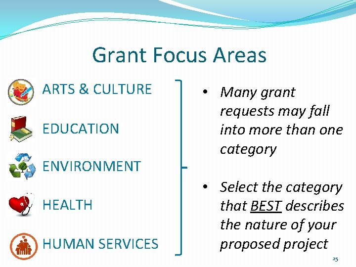 Grant Focus Areas ARTS & CULTURE EDUCATION ENVIRONMENT HEALTH HUMAN SERVICES • Many grant