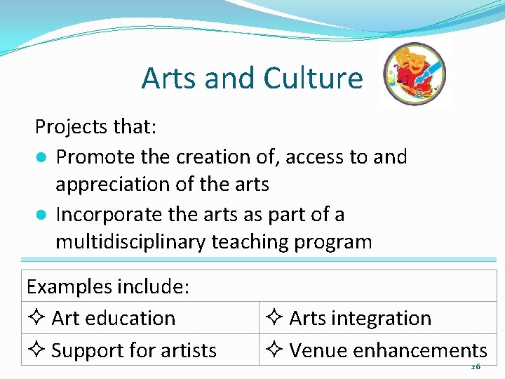 Arts and Culture Projects that: ● Promote the creation of, access to and appreciation