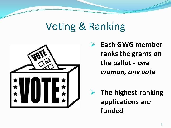 Voting & Ranking Ø Each GWG member ranks the grants on the ballot -