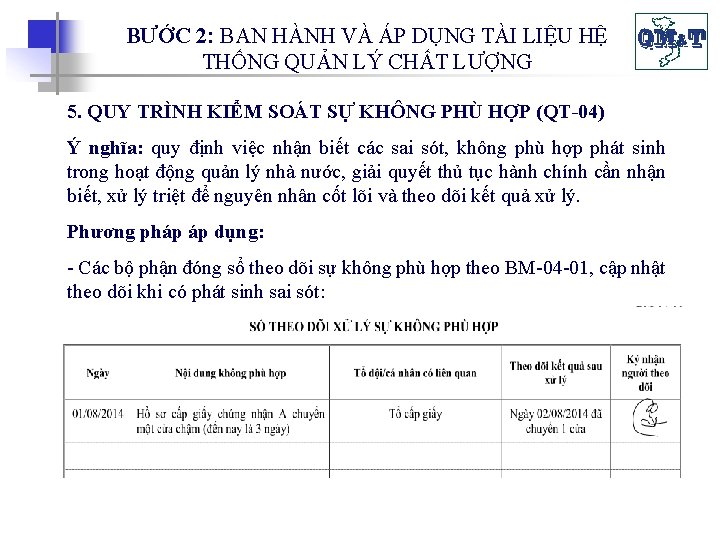 BƯỚC 2: BAN HÀNH VÀ ÁP DỤNG TÀI LIỆU HỆ THỐNG QUẢN LÝ CHẤT