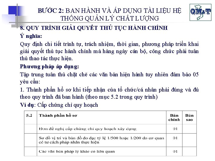 BƯỚC 2: BAN HÀNH VÀ ÁP DỤNG TÀI LIỆU HỆ THỐNG QUẢN LÝ CHẤT