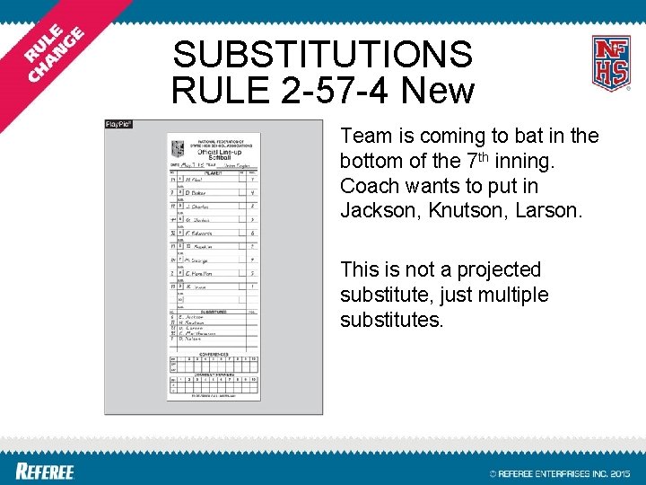 SUBSTITUTIONS RULE 2 -57 -4 New Team is coming to bat in the bottom