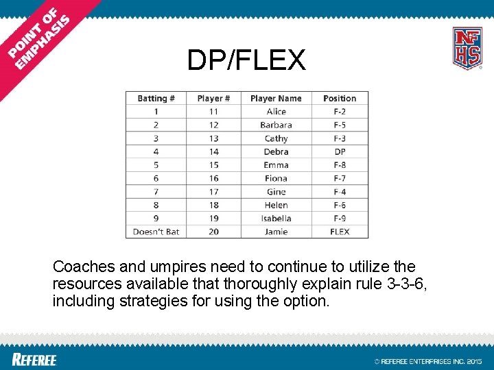 DP/FLEX Coaches and umpires need to continue to utilize the resources available that thoroughly